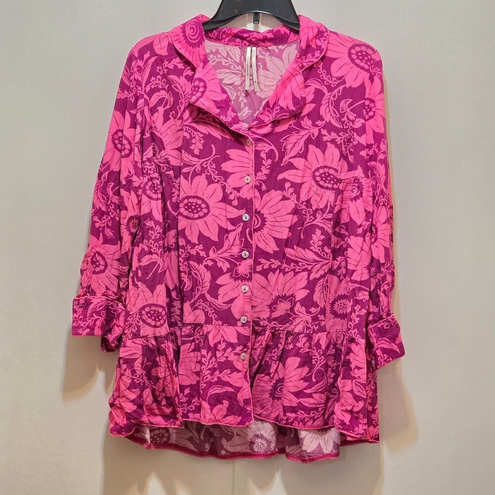Anthropologie Pink Floral Button Front Top‎ Long Sleeve Blouse XS